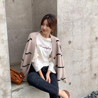 Drop-shoulder Letter-embroidered T-shirt Cream - One Size