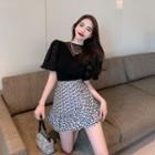 Lace Short-sleeve Top / High Waist Printed Ruffle Skirt
