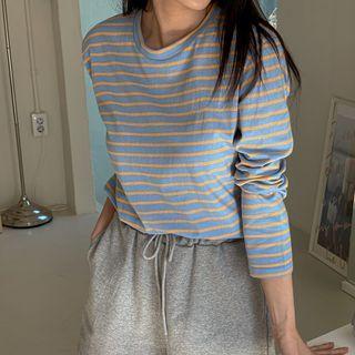 Long-sleeve Slit-hem Stripe T-shirt