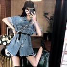 Elbow-sleeve Ripped Buttoned Denim Jacket Blue - One Size
