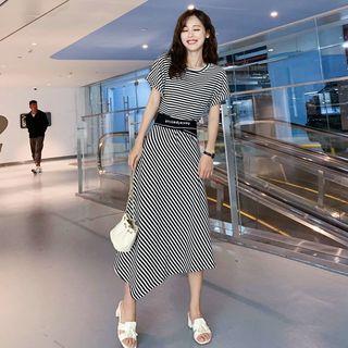 Short-sleeve Striped Asymmetric Midi Dress