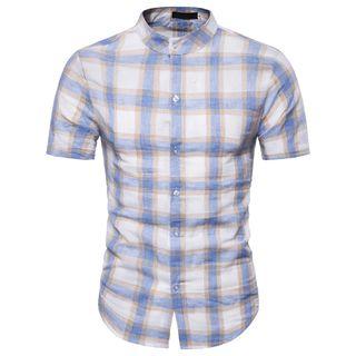 Short-sleeve Stand Collar Plaid Shirt