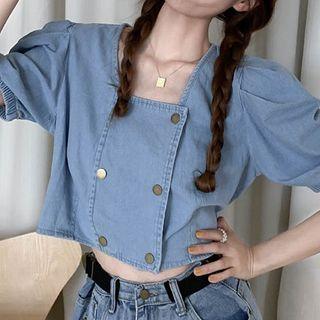 Puff-sleeve Square-neck Double-breasted Denim Cropped Blouse