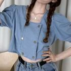 Puff-sleeve Square-neck Double-breasted Denim Cropped Blouse