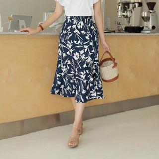 Pattern Linen Blend Flare Skirt