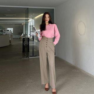 Button-detail High-waist Wide-leg Pants