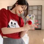Short-sleeve Cat Jacquard Knit Top Red - One Size