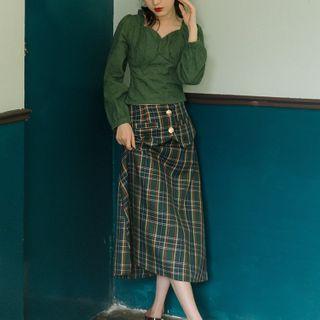 Set: Frilled Trim Blouse + Plaid Midi A-line Skirt
