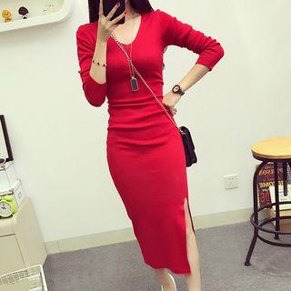 Long-sleeve Slit Maxi Knit Dress