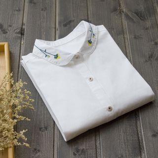 Embroidered Peter Pan Collar Long-sleeved Plain Blouse