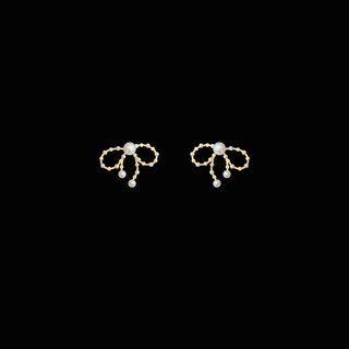 Faux Pearl Alloy Bow Earring 1 Pair - S925 Silver Needle - Gold - One Size