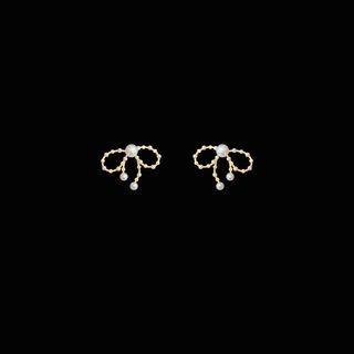 Faux Pearl Alloy Bow Earring 1 Pair - S925 Silver Needle - Gold - One Size