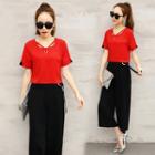 Set: Cutout Short-sleeve T-shirt + Wide-leg Pants