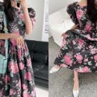 Puff-sleeve Floral Flared Long Dress Black - One Size
