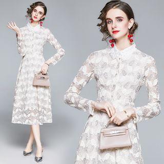 Long-sleeve Lace Button-up Midi Dress