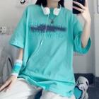 Elbow-sleeve Lettering T-shirt Bluish Green - One Size