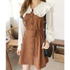 Set: Frilled Collar Blouse + Button-front Dress With Sash Brown - One Size