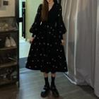 Long-sleeve Floral Knit Midi A-line Dress Black - One Size