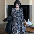 Long-sleeve Round Neck Leopard Print Mini A-line Dress
