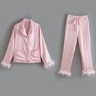 Fluffy Trim High Waist Straight Leg Pants / Shirt / Set