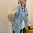 Denim Panel Baseball Jacket Almond & Light Blue - One Size