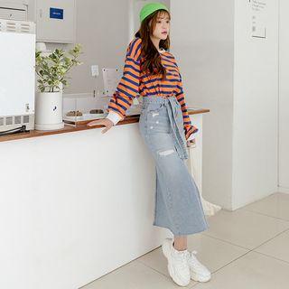Deep-slit Distressed Maxi Denim Skirt With Sash