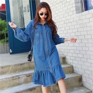 Long-sleeve Frill-hem Denim Midi Shirtdress
