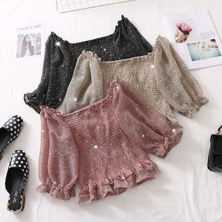 Off-shoulder Sequined Smocked Blouse