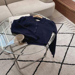 Bishop-sleeve Collared Rib-knit Cardigan