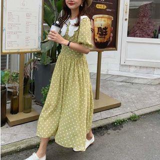 Dotted Short-sleeve Midi A-line Dress As Shown In Figure - One Size