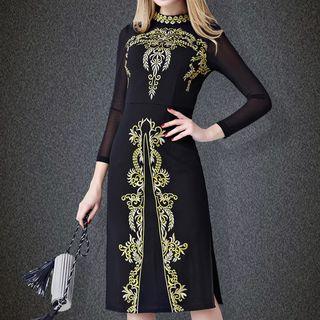Long-sleeve Patterned Sheath Midi Dress