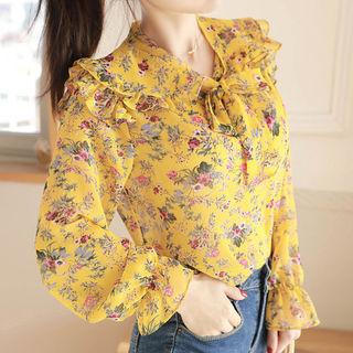 Frill-trim Floral Print Blouse Yellow - One Size