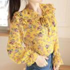 Frill-trim Floral Print Blouse Yellow - One Size