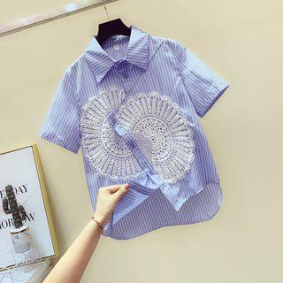 Lace Panel Striped Short-sleeve Blouse