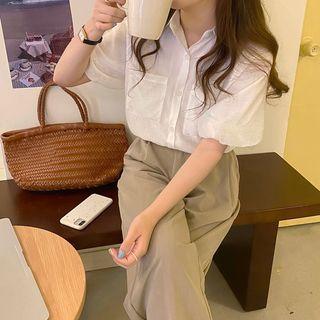 Short-sleeve Plain Shirt / Wide Leg Dress Pants