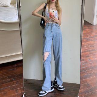 Lace Panel Distressed Wide Leg Jeans