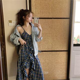 Spaghetti Strap Plaid Asymmetric Dress