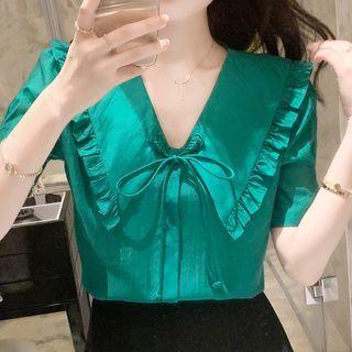 Elbow-sleeve V-neck Ribbon Blouse