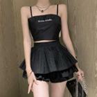 Lettering Bow Cropped Camisole Top / High-waist Plain Layered Skort