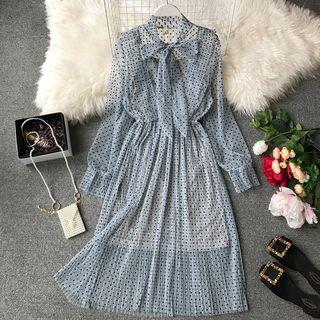 Set: Long-sleeve Dotted Midi A-line Mesh Dress + Slipdress