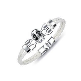 Fashion Personality Skull Black Cubic Zirconia Double-layer White Leather Bracelet Silver - One Size