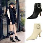 Faux Leather Buckled Pointed Kitten-heel Ankle Boots