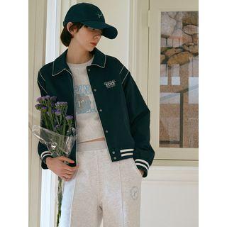 Collared Contrast-trim Stadium Jacket Navy Blue - One Size