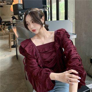 Shirred Square-neck Long-sleeve Blouse As Figure - One Size
