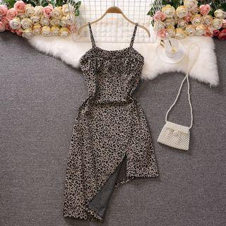 Strappy Leopard Asymmetrical Midi A-line Dress