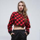 Long Sleeve Plaid Color-block Cropped Top