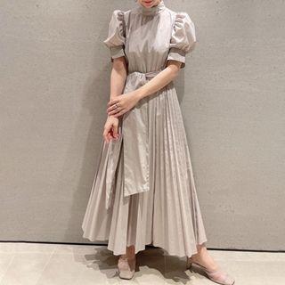 Puff-sleeve Tie-waist Maxi A-line Dress Light Almond - One Size