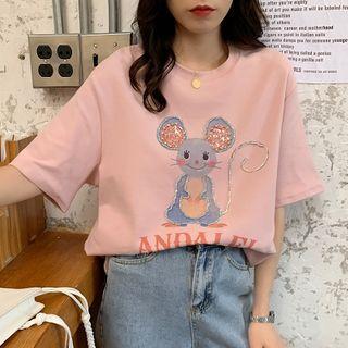 Sequined Cartoon Mouse Print Short-sleeve T-shirt