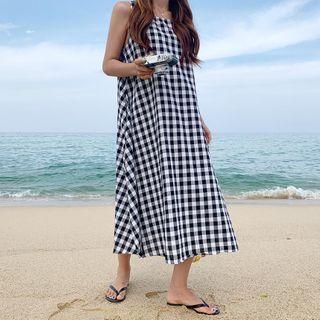 Sleeveless Gingham A-line Dress Black - One Size