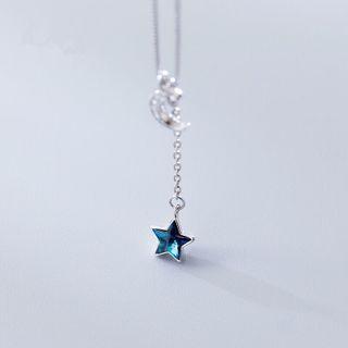 Moon & Star Rhinestone Pendant Sterling Silver Choker Silver & Blue - One Size
